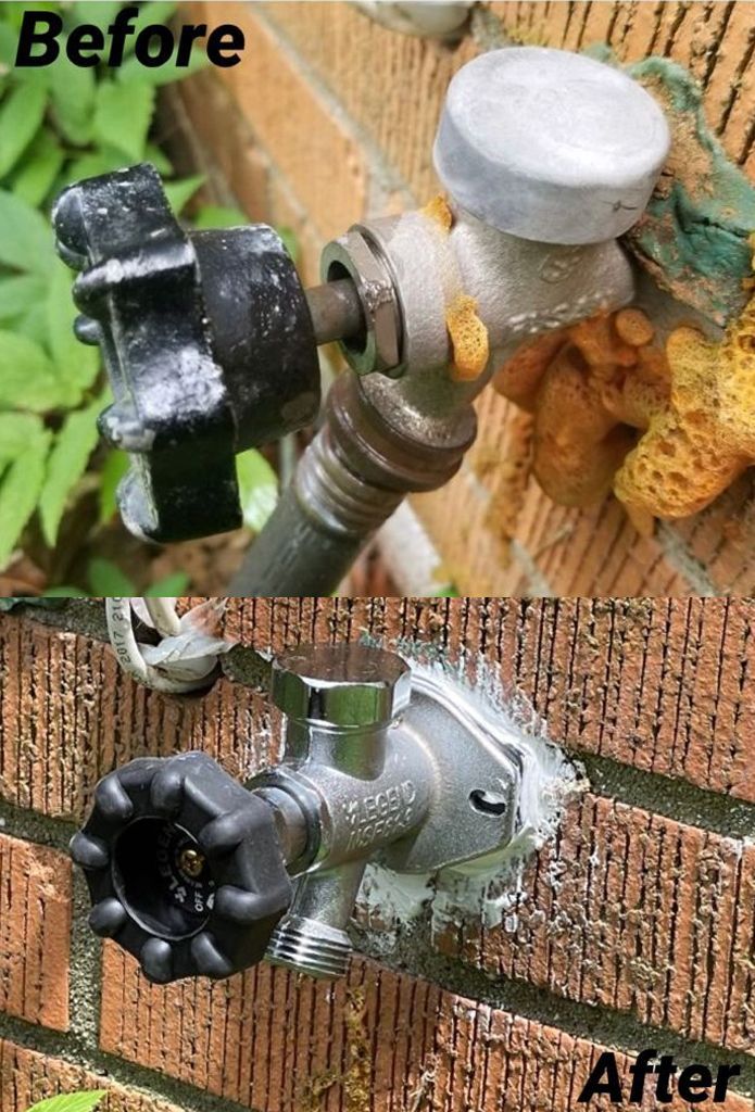 A before and after picture of a faucet on a brick wall.