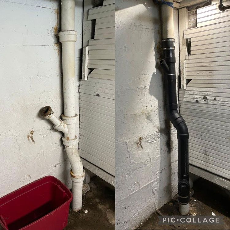 A before and after picture of a drain pipe in a basement.