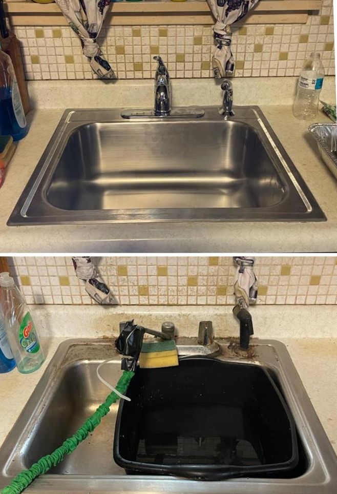 A before and after picture of a kitchen sink with a hose attached to it.
