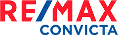 Um logotipo re/max convita vermelho, branco e azul em um fundo branco.