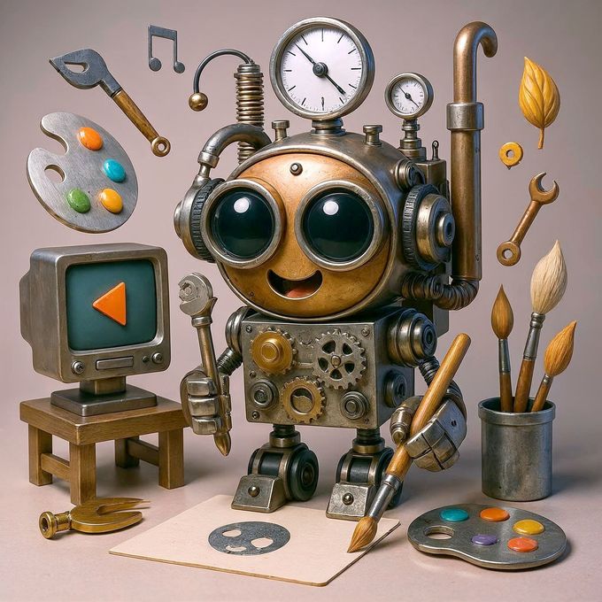 A cartoon robot with a clock on top of it