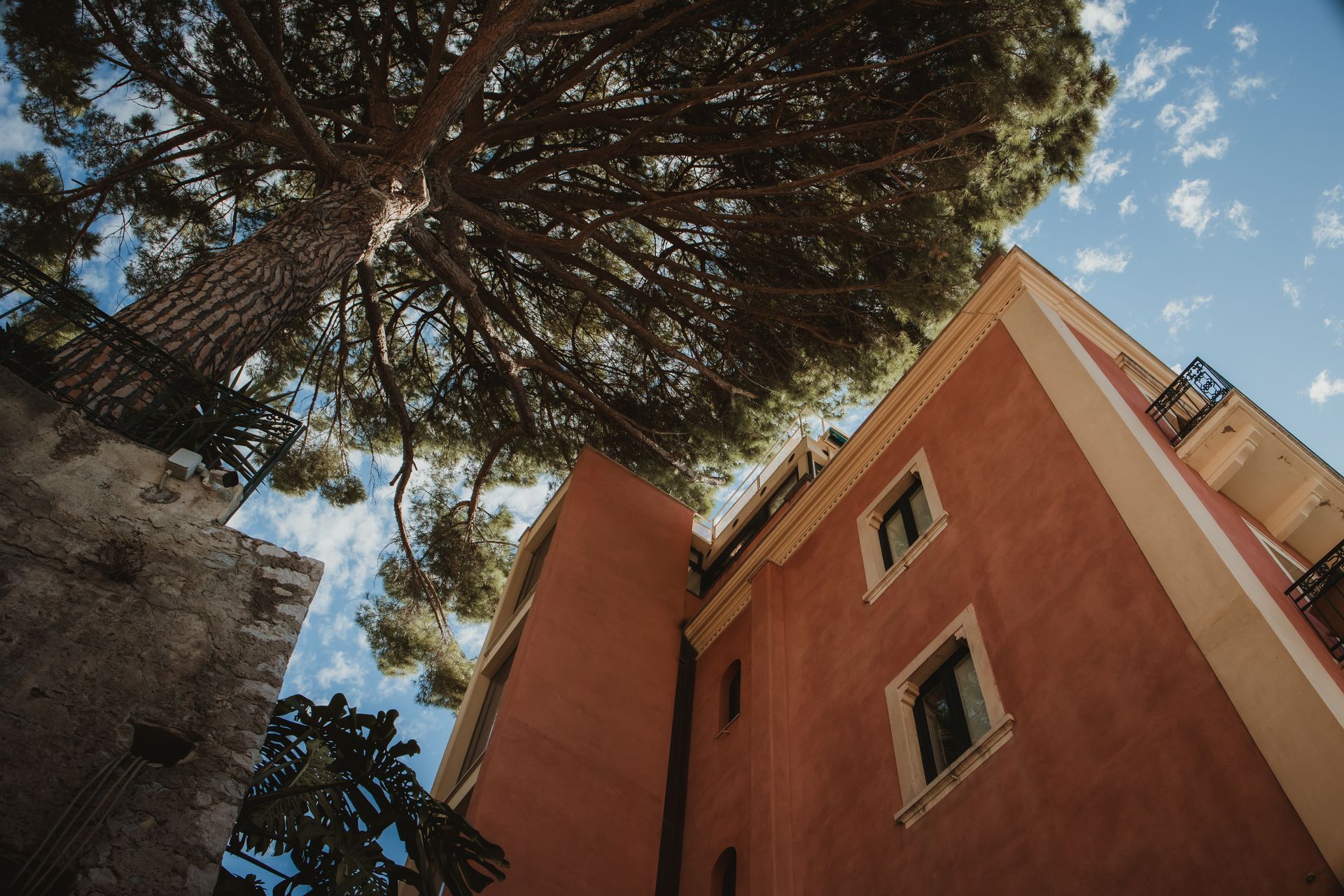 Low-angle view of a coral building and tall tree against a blue sky