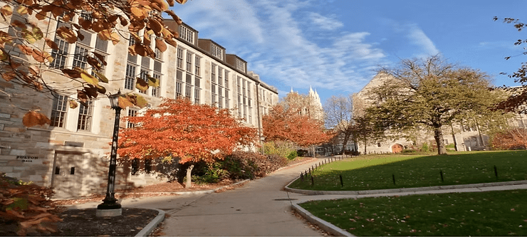 Pathway through a university campus in fall, with colorful trees and stone buildings under a blue sky.