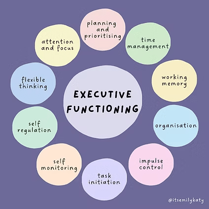 Diagram illustrating executive functions: attention, planning, time management, working memory, organization, and more.