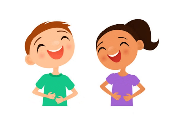 Two children laughing, holding their stomachs. The boy wears green, the girl purple.