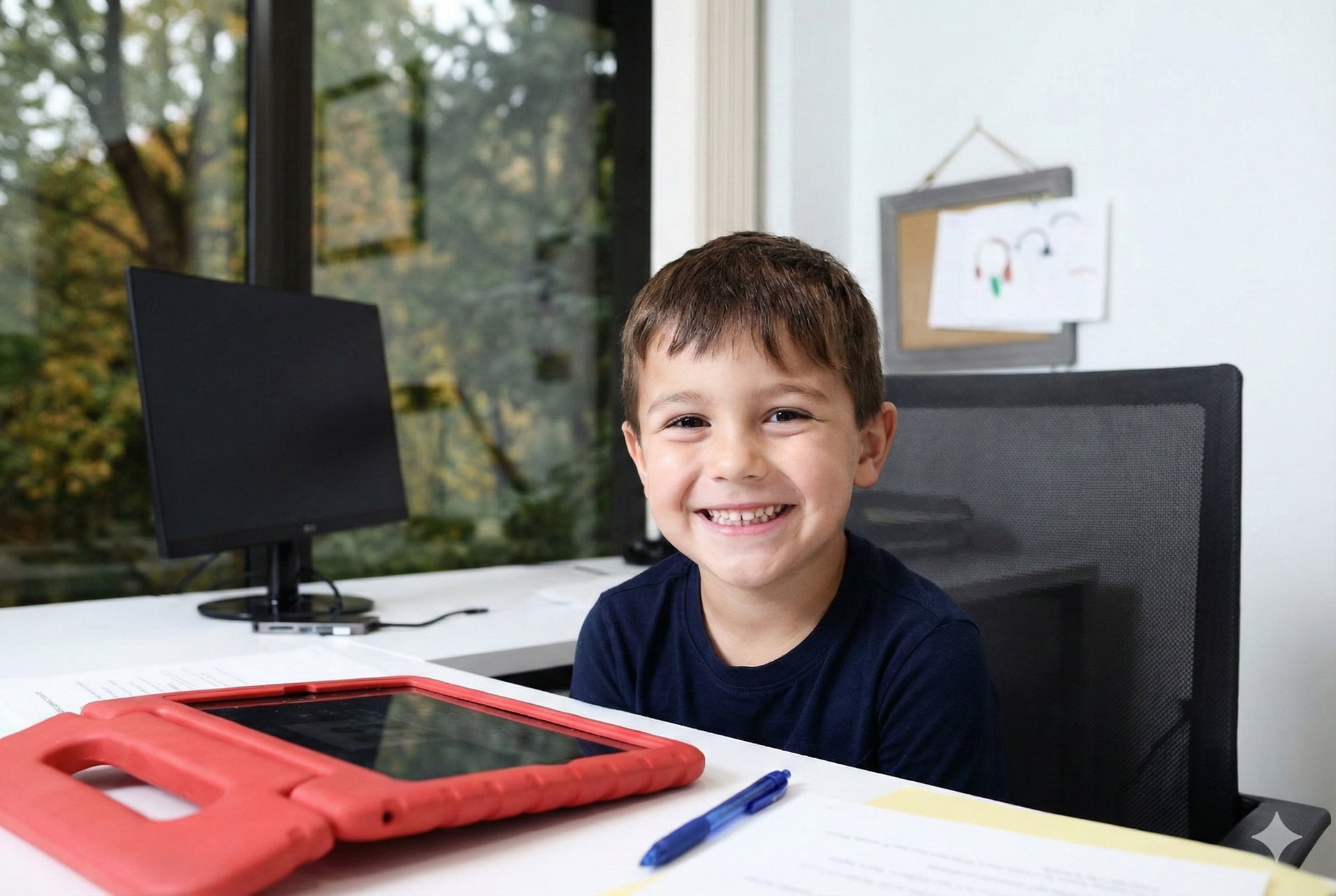 Boy smiles at desk with computer, tablet, and window background.