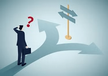 Man with briefcase at a fork in the road, pondering. Directional sign with arrows, question mark overhead.