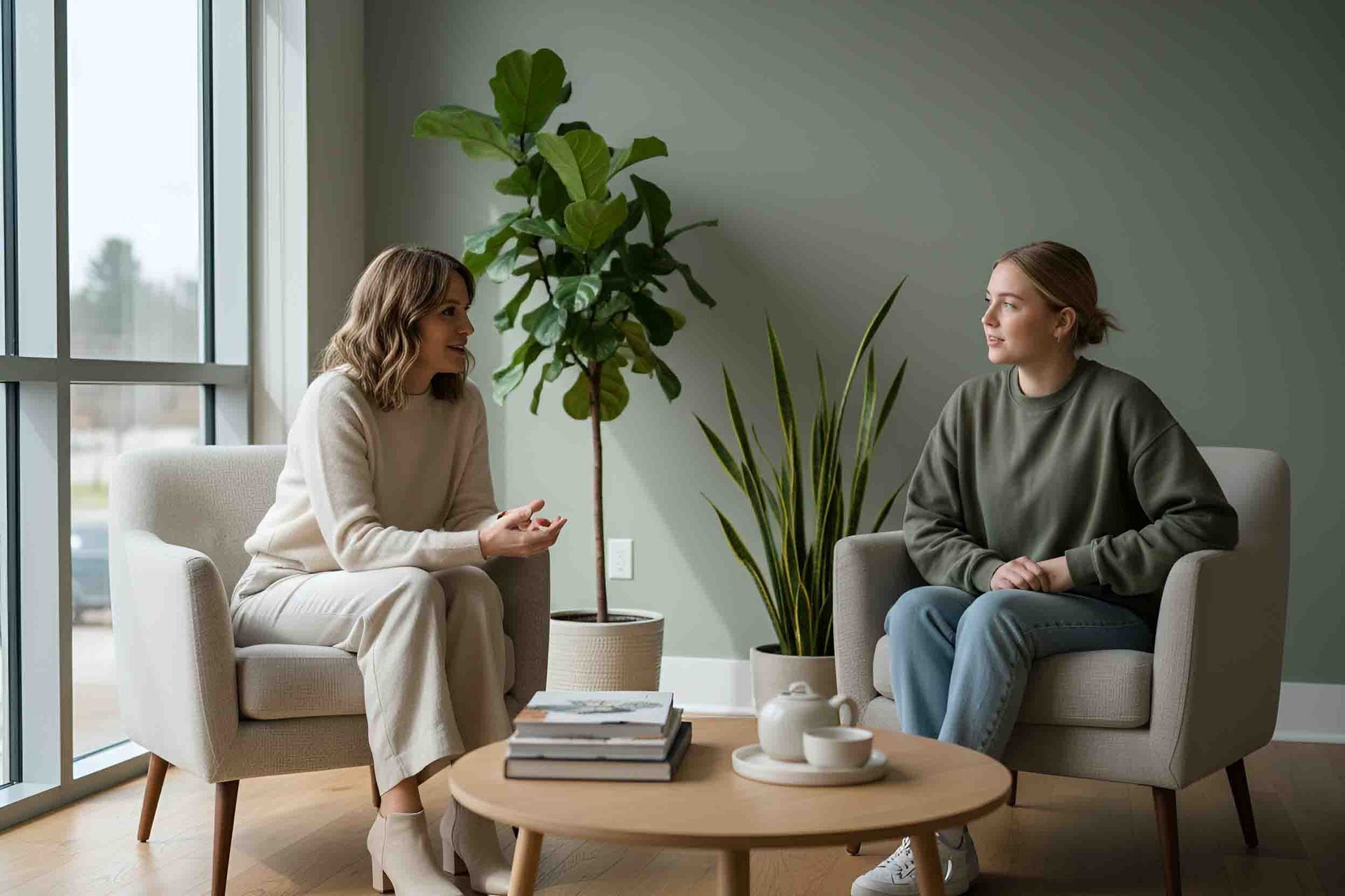 Two women seated in armchairs, conversing in a bright room with plants.