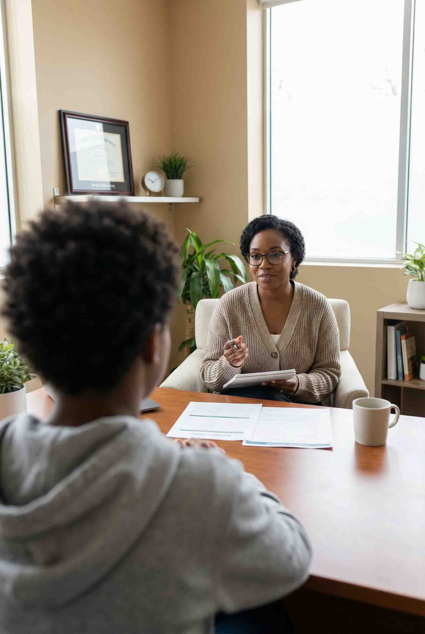 Person in hoodie at table facing a woman in a sweater. They sit in an office.