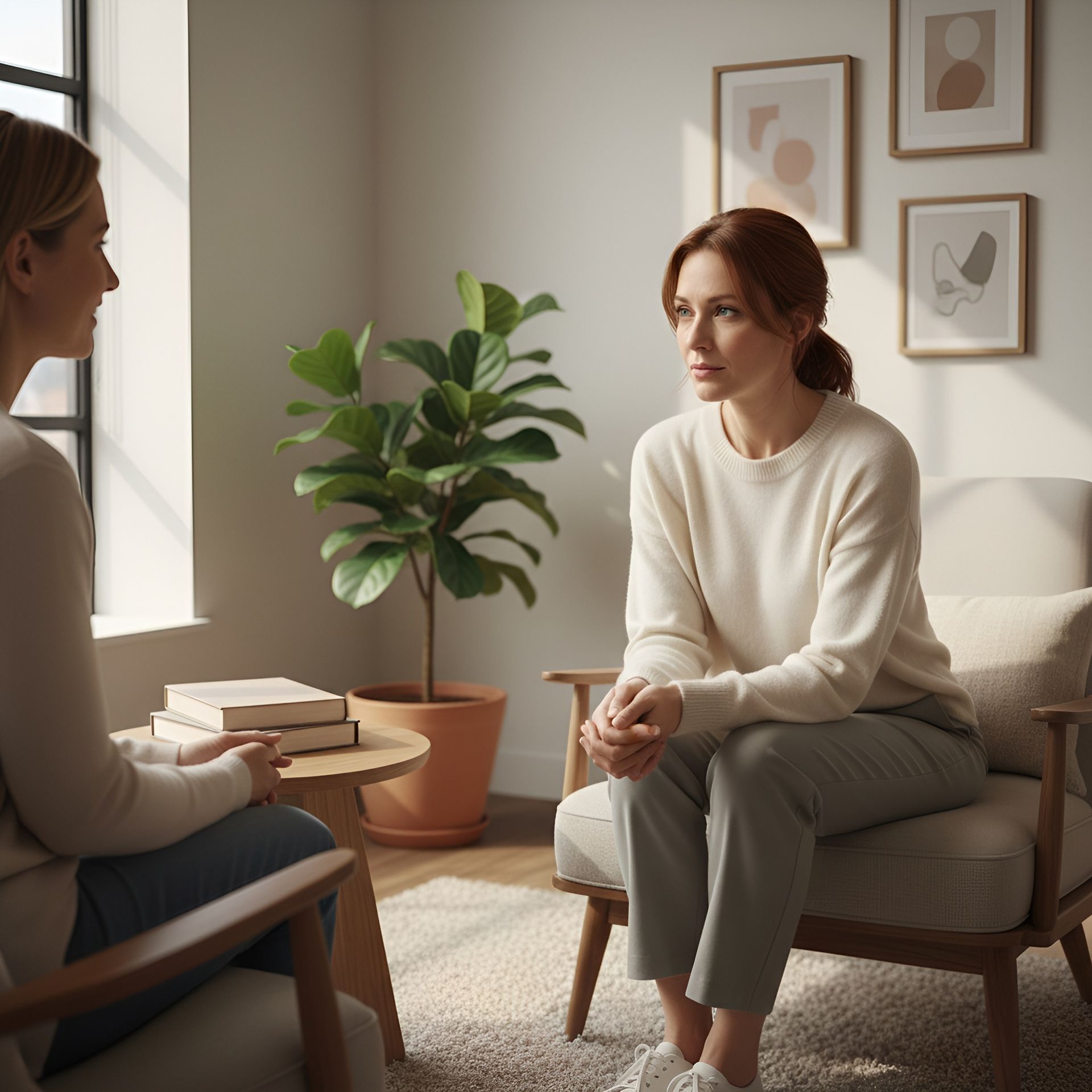 Two people in therapy session, discussing issues in bright room.
