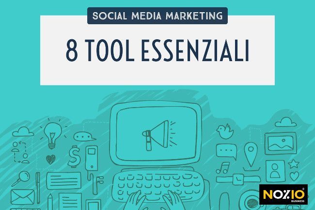 Illustrazione di un computer con strumenti di social media marketing, sfondo verde acqua, testo: 8 strumenti essenziali.