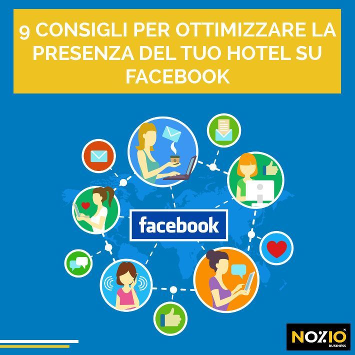 Grafico: 9 consigli per ottimizzare la presenza dell'hotel su Facebook, con icone femminili e simboli dei social media.