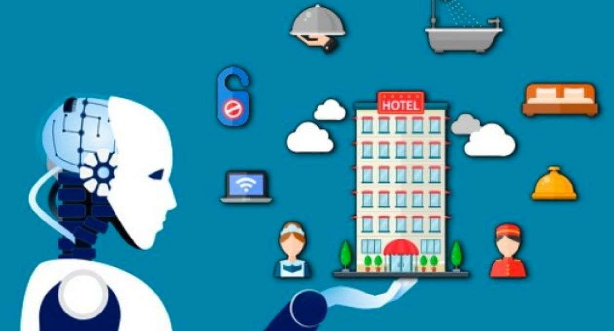 Braccio robotico che regge un hotel con icone, simbolo dell'intelligenza artificiale nel settore alberghiero. Sfondo blu.