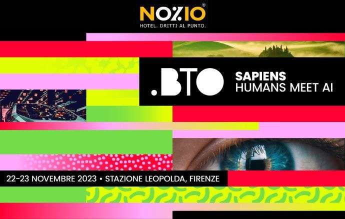 Manifesto per BTO SAPIENS a Firenze, Italia, 22-23 novembre 2023. Testo su strisce colorate, occhio con iride blu visibile.