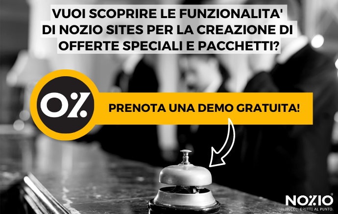 Pubblicità per Nozio Sites, che offre una demo gratuita per scoprire le funzionalità di offerte speciali e pacchetti.
