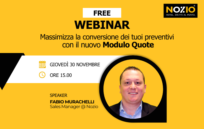 Annuncio del webinar: Fabio Murachelli discuterà del nuovo modulo Quote, giovedì 30 novembre, ore 15:00. Sfondo giallo.
