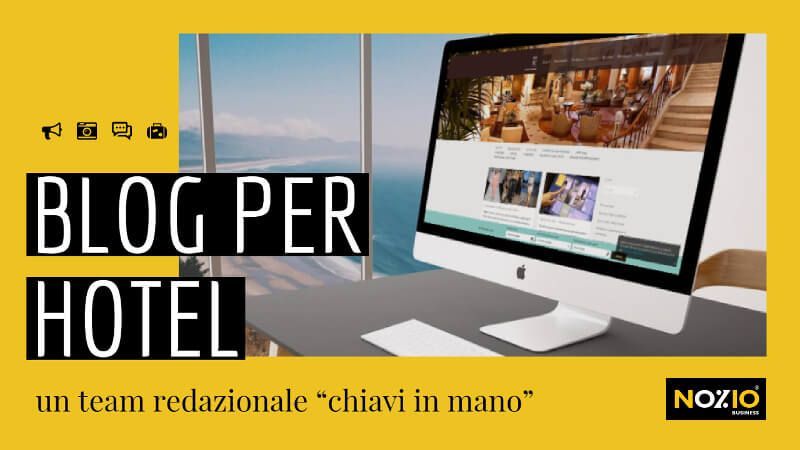 Banner giallo per il blog dell'hotel; un computer che visualizza un sito web, il testo 