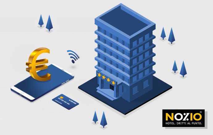 Hotel isometrico con prenotazione online tramite telefono, carta di credito e simbolo dell'euro.