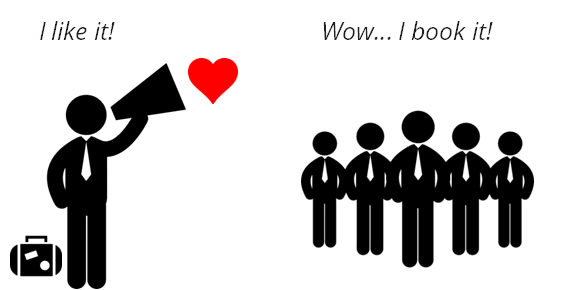 Persona con megafono che promuove con il cuore; gruppo di persone pronte a prenotare.