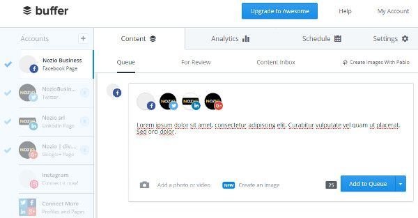 Interfaccia della piattaforma di pianificazione dei social media Buffer, che mostra una coda di post