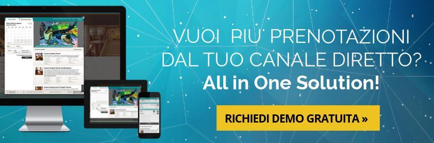 Un'immagine promozionale su sfondo blu con dispositivi, testo in italiano e un pulsante giallo di invito all'azione.