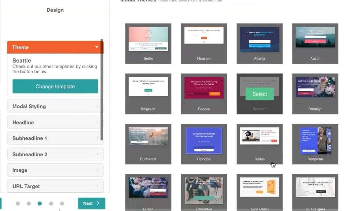 Screenshot di un'interfaccia di progettazione che mostra vari temi di un sito web, con un menu arancione sulla sinistra.