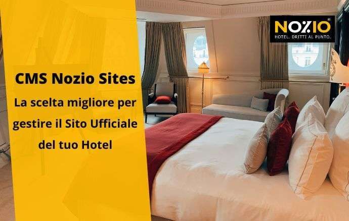 Camera d'albergo con testo su Nozio CMS per siti web ufficiali di hotel.