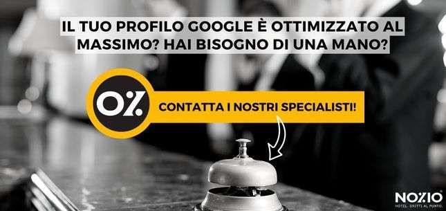 Pubblicità che chiede se il profilo Google è ottimizzato, con l'icona della percentuale e una campanella in primo piano.