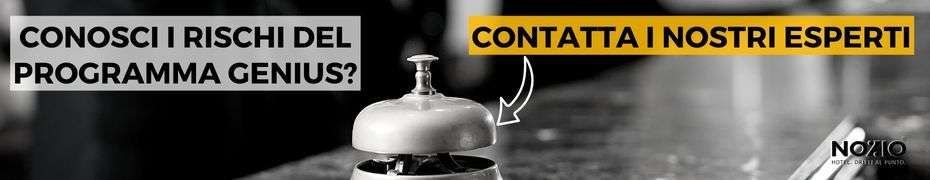 Text: Conosci i rischi del programma genius? Contatta i nostri esperti. Bell in a hotel.