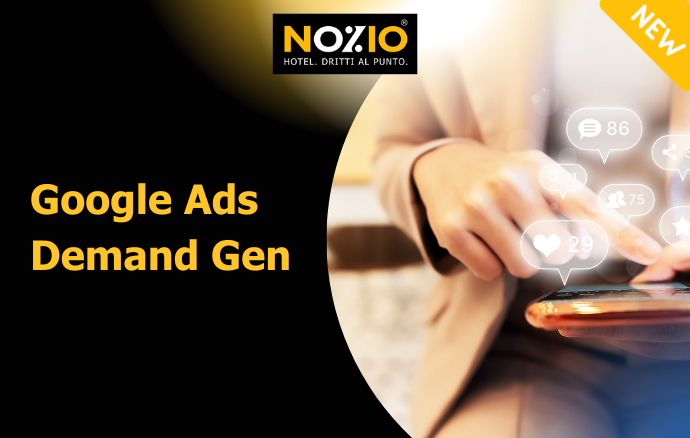 Persona che usa il telefono con icone dei social media, pubblicità per Google Ads Demand Gen, design nero e oro.