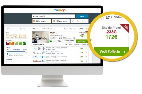 Ricerca hotel su Trivago sullo schermo di un computer, che mostra un'offerta di 172€