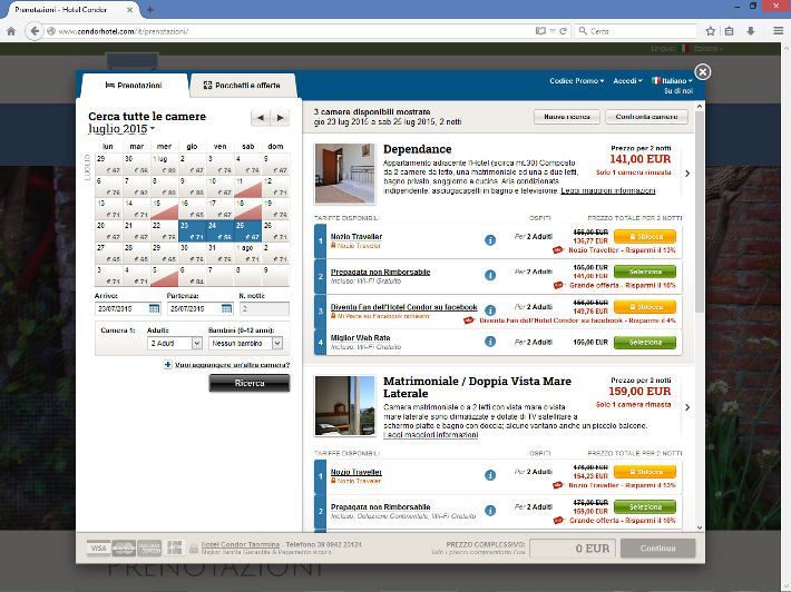 Pagina web che mostra la disponibilità degli appartamenti con calendario e risultati di ricerca.