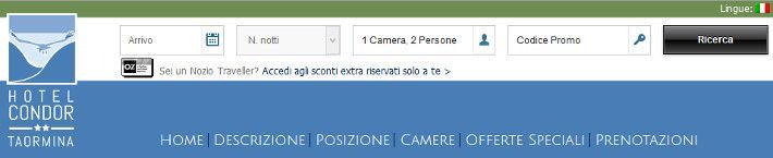 Interfaccia del sito web dell'Hotel Condor, caratterizzata da una combinazione di colori blu e verde e opzioni di ricerca.