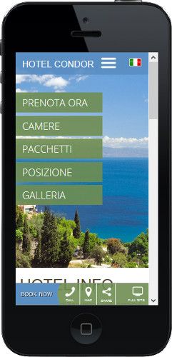 Telefono cellulare che visualizza il sito web dell'Hotel Condor con le opzioni del menu in italiano.