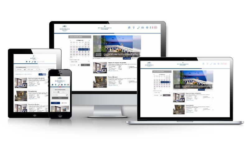 Schermate che mostrano un sito web responsive su tablet, telefono, computer desktop e laptop.