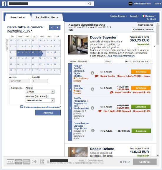 Interfaccia di prenotazione delle camere d'albergo con calendario, opzioni di ricerca ed elenco delle camere.