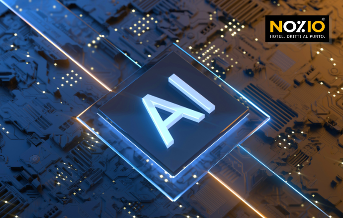 Lettere luminose di intelligenza artificiale su un chip di computer con linee al neon e il logo NOXZIO.