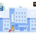 Edificio dell'hotel con una persona e un bagaglio, illustrazione. Toni del blu.