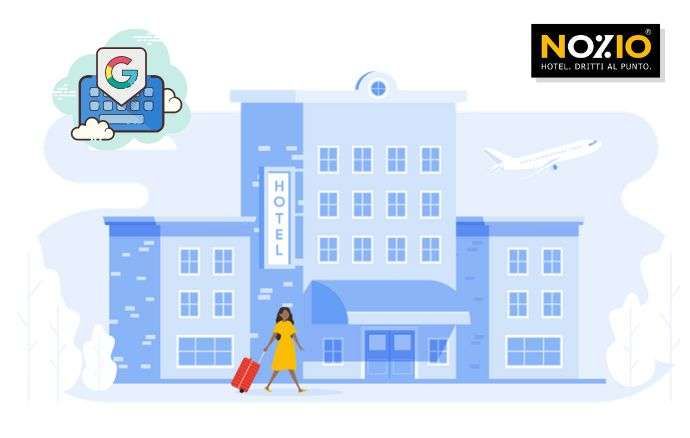 Illustrazione di un hotel con donna e bagaglio, aereo, logo di Google.