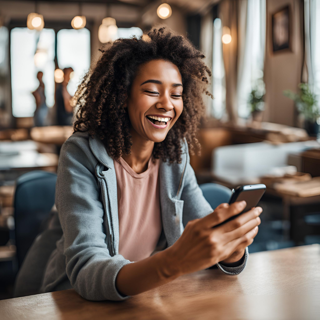 Donna nera sorridente che guarda il telefono in un bar.