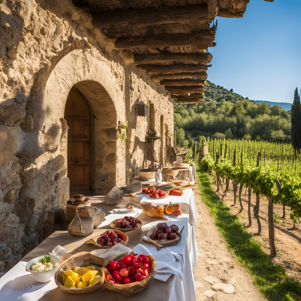 Edificio in pietra con tavolo per frutta e cibo, accanto a un vigneto.