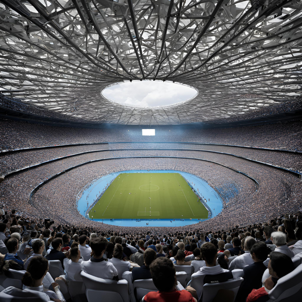 Grande stadio pieno di gente che guarda una partita. Campo verde, pista blu e tetto grigio.