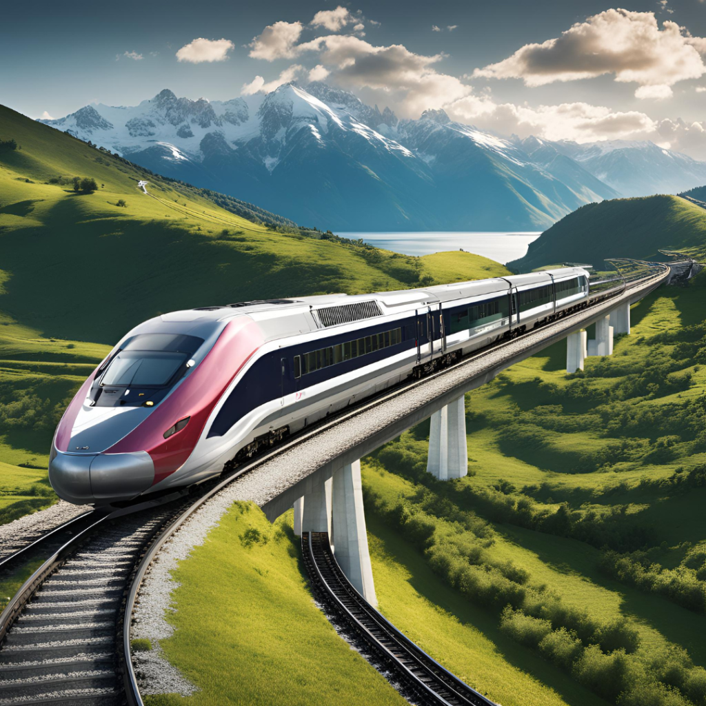 Treno ad alta velocità che viaggia su binari sopraelevati attraverso un suggestivo paesaggio verde con montagne