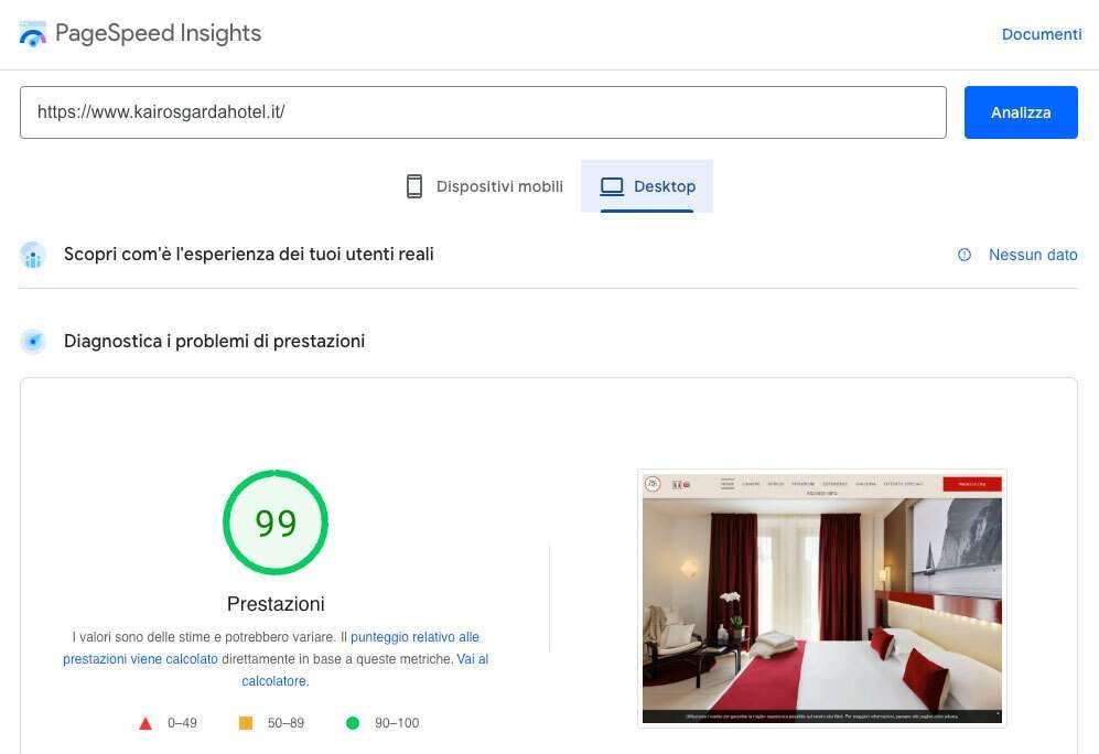 Screenshot dei risultati di Google PageSpeed ​​Insights per il sito web di un hotel, che mostra un punteggio di 99.