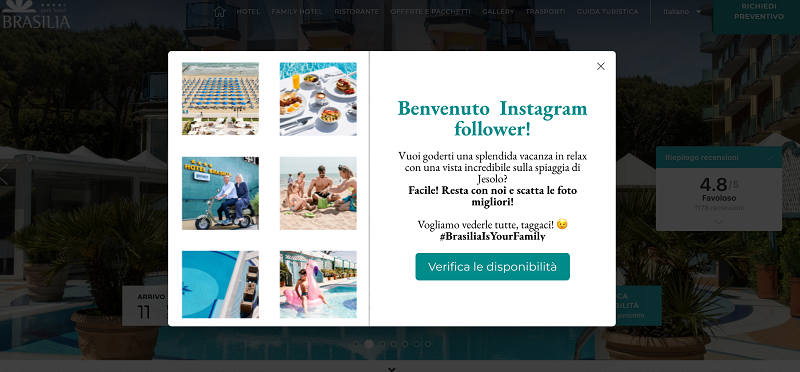 Pop-up di saluto per i follower di Instagram. Include immagini e un pulsante