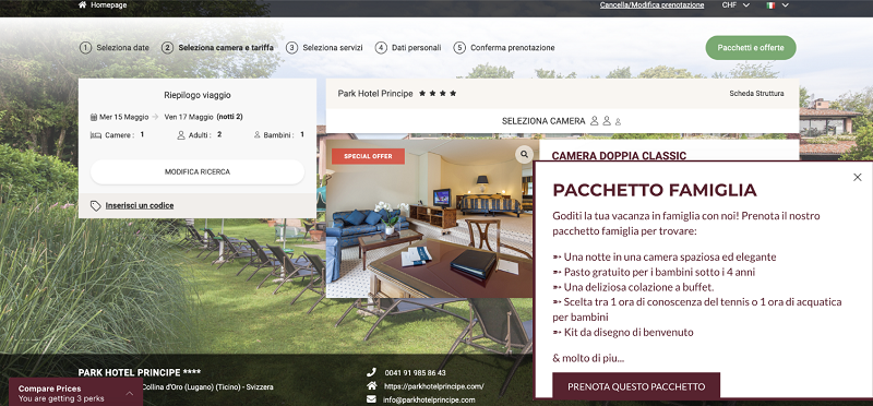 Screenshot di un sito web che mostra una camera d'albergo e informazioni su un pacchetto famiglia.