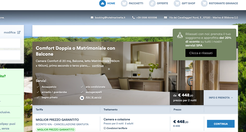 Camera d'albergo: letto matrimoniale con balcone, prezzi e promozioni.