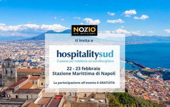 Pubblicità per evento dedicato all'ospitalità a Napoli: date, luogo e ingresso gratuito.