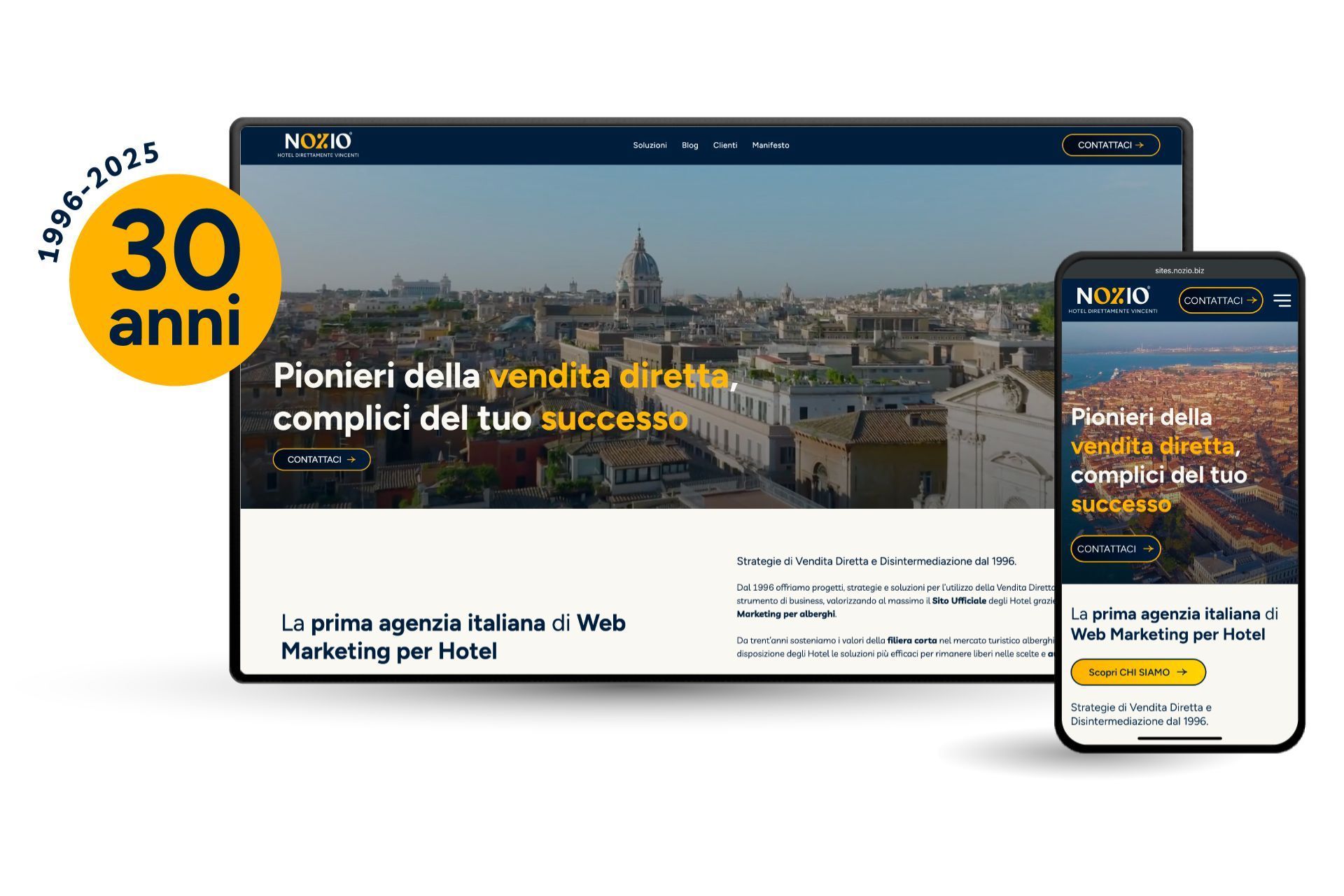 Mockup del nuovo sito Nozio.biz in occasione dei “30 anni” – rebranding Nozio e lancio dei nuovi sit