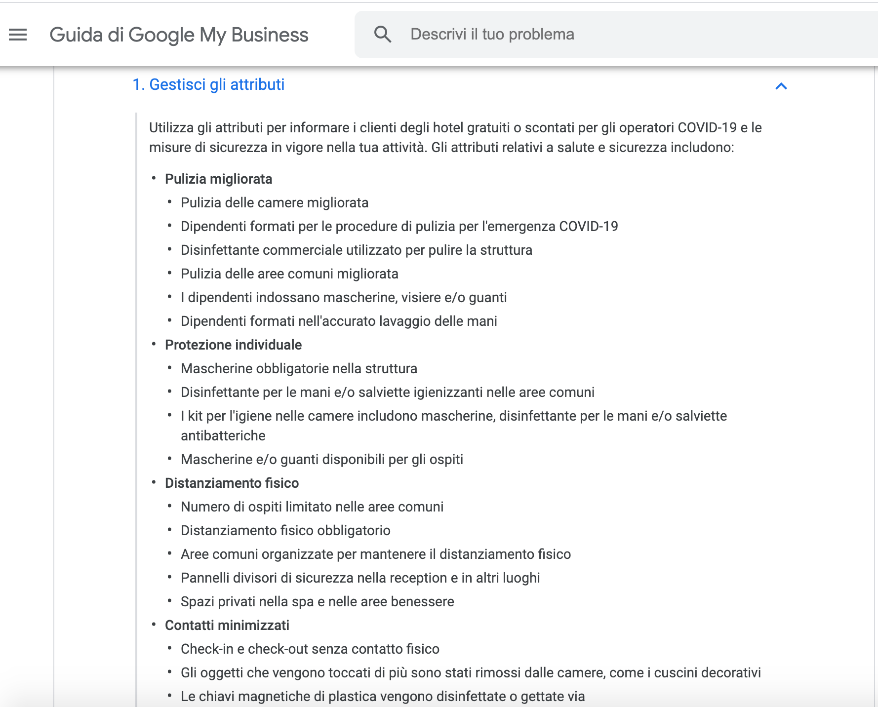 Uno screenshot delle linee guida di Google My Business, con un elenco delle misure di sicurezza relative al COVID-19.